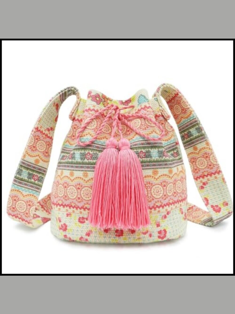 Bohemian Floral Canvas Crossbody Bucket Bag Tassel Drawstring Purse